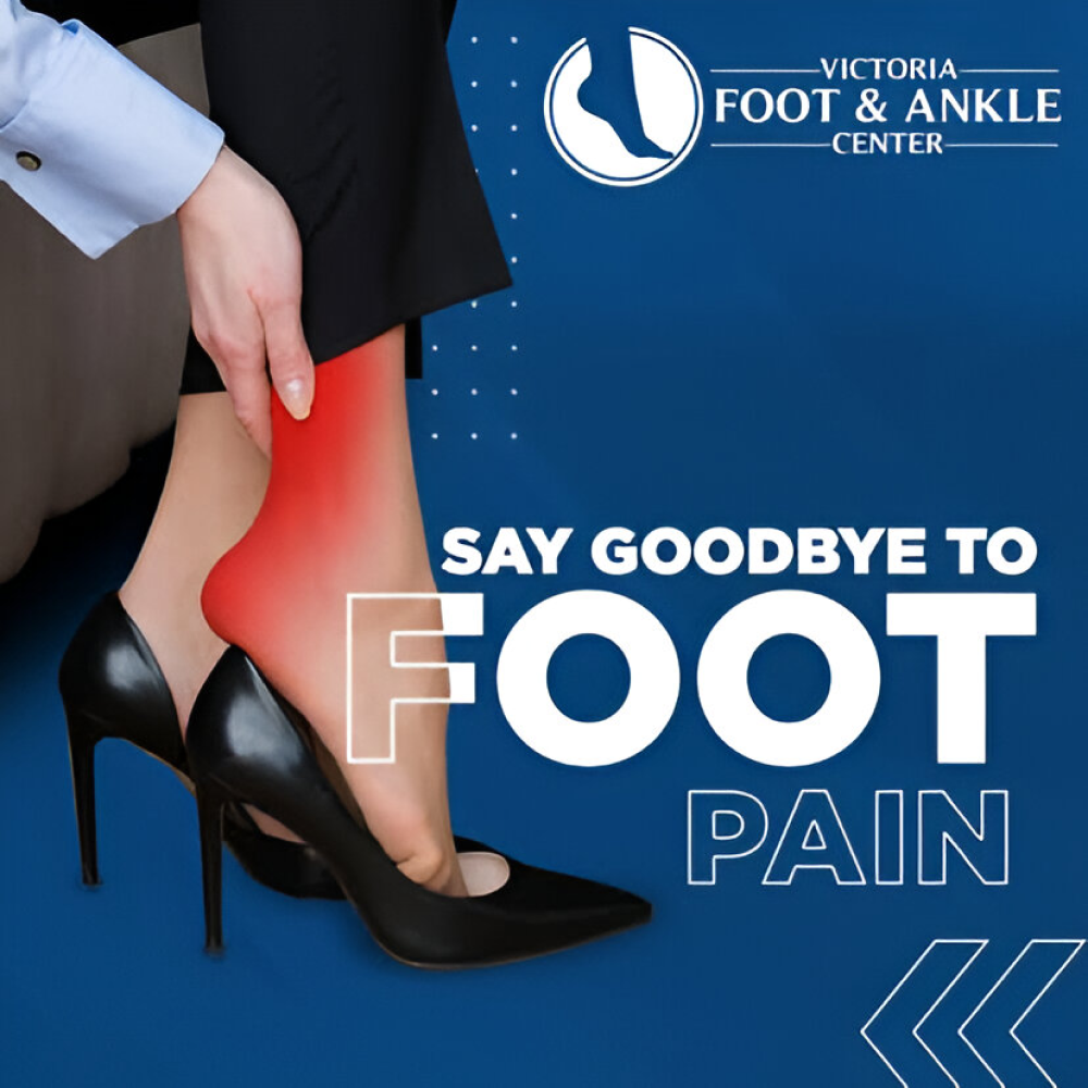 A person holding their red-inflamed ankle while wearing black high heels, with the text "Say goodbye to foot pain."