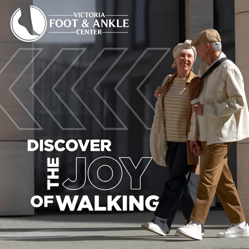 An elderly couple walking outdoors and smiling, with the text "Discover the joy of walking."