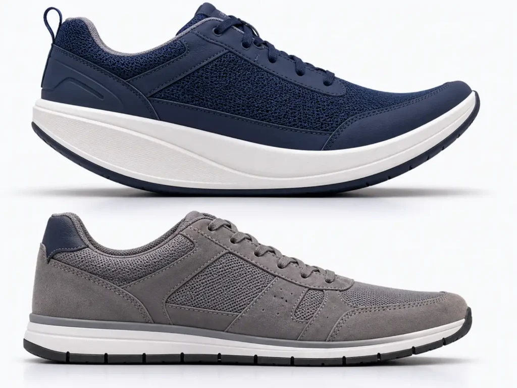 Rocker-bottom shoe compared with a standard walking shoe