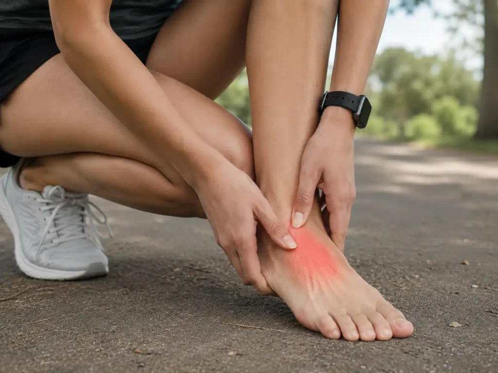 Runner holding a painful foot after a stress injury