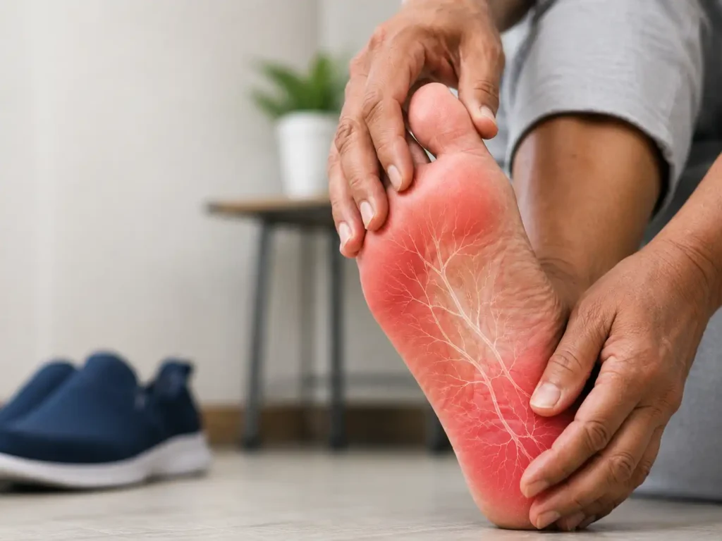 Person holding a red, painful sole of the foot