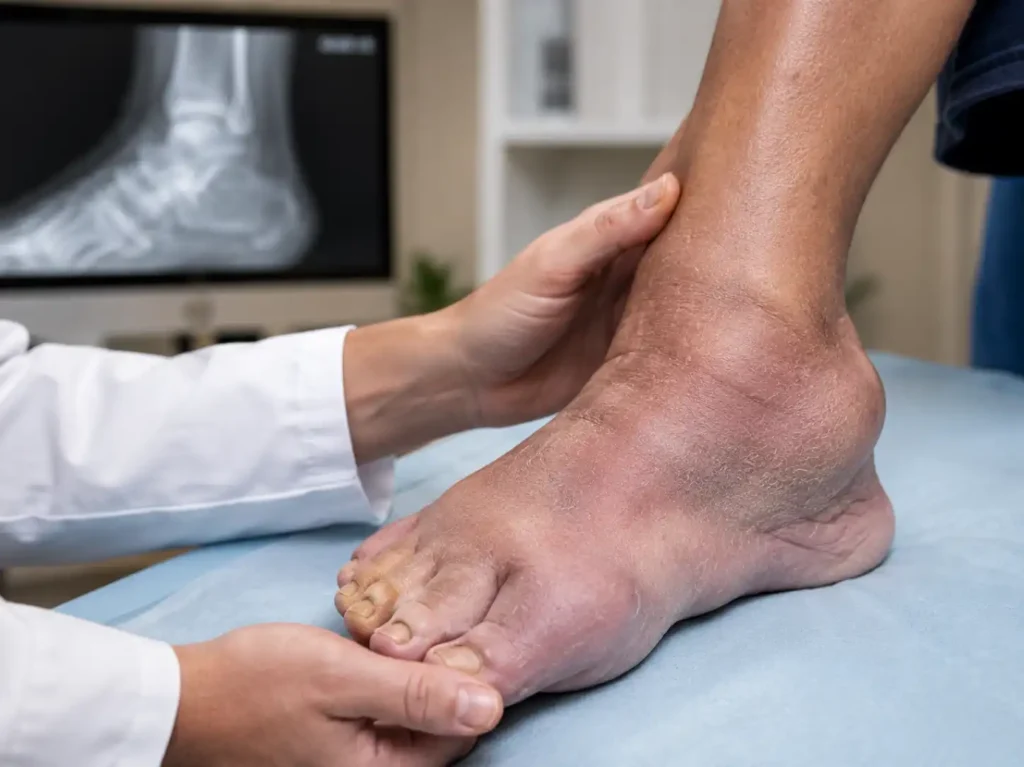 Clinician examining a swollen foot affected by Charcot changes