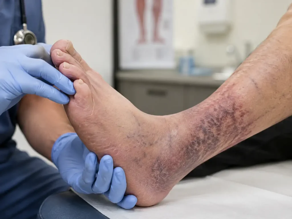 Clinician examining circulation changes and skin discoloration