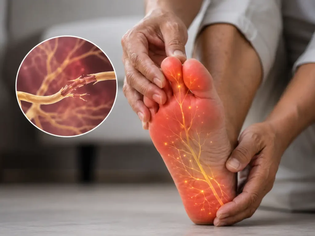 Burning nerve pain illustrated across the sole of a foot