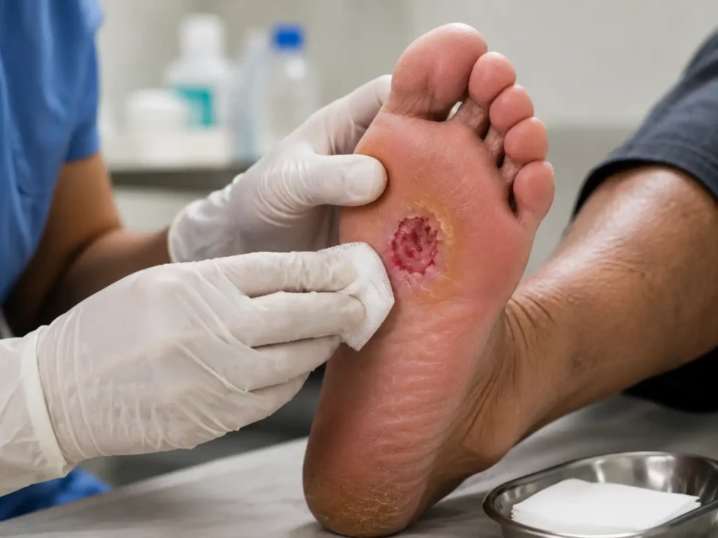 Clinician cleaning a diabetic ulcer on the sole