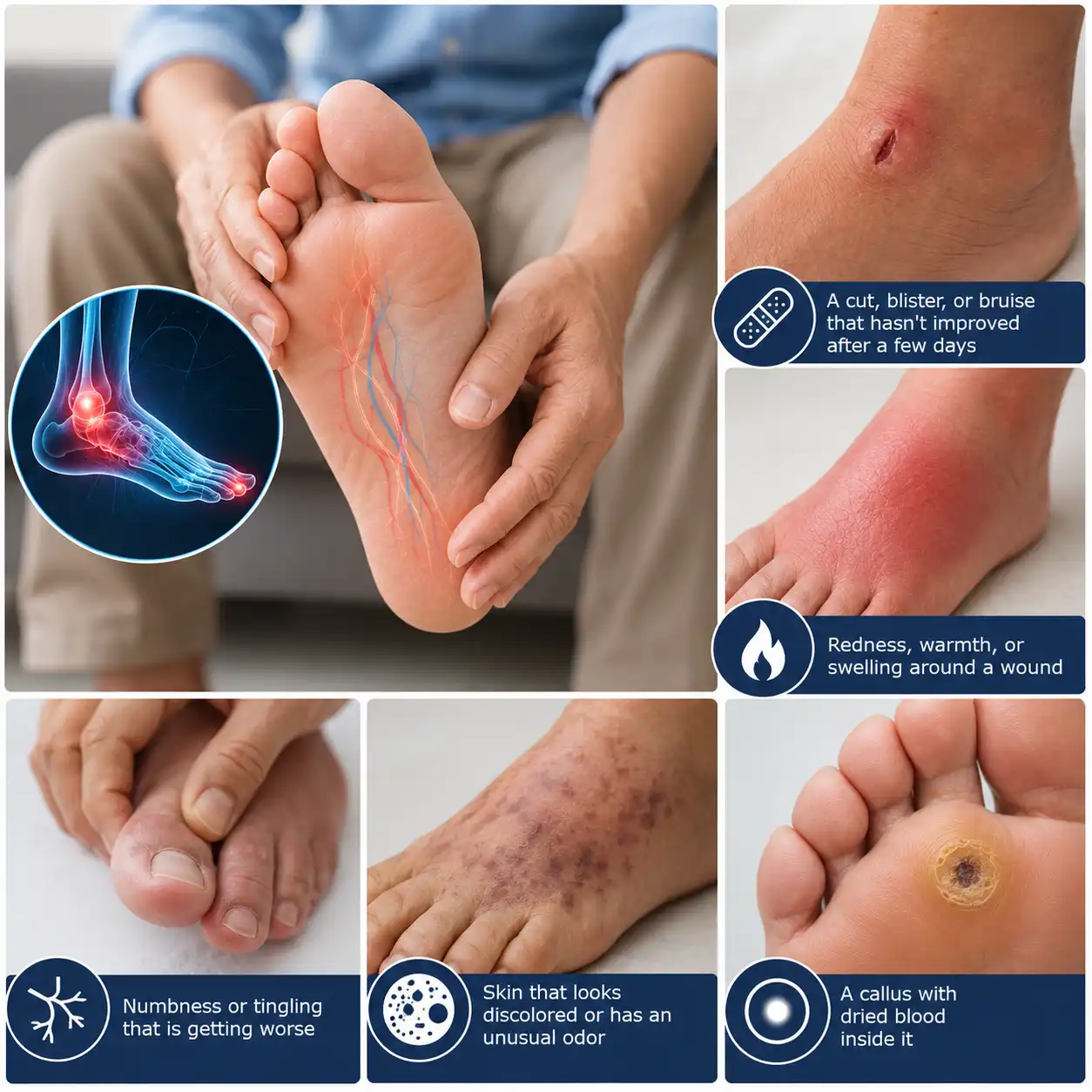Warning signs of diabetic foot problems requiring medical care