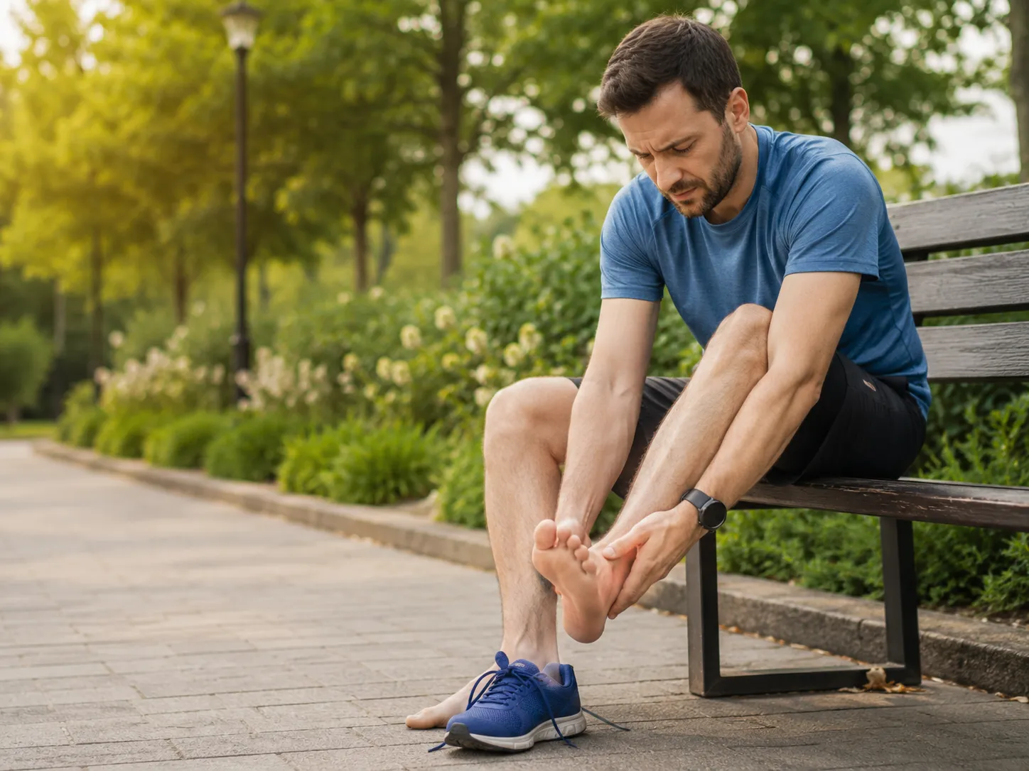 Man checking painful foot after outdoor activity