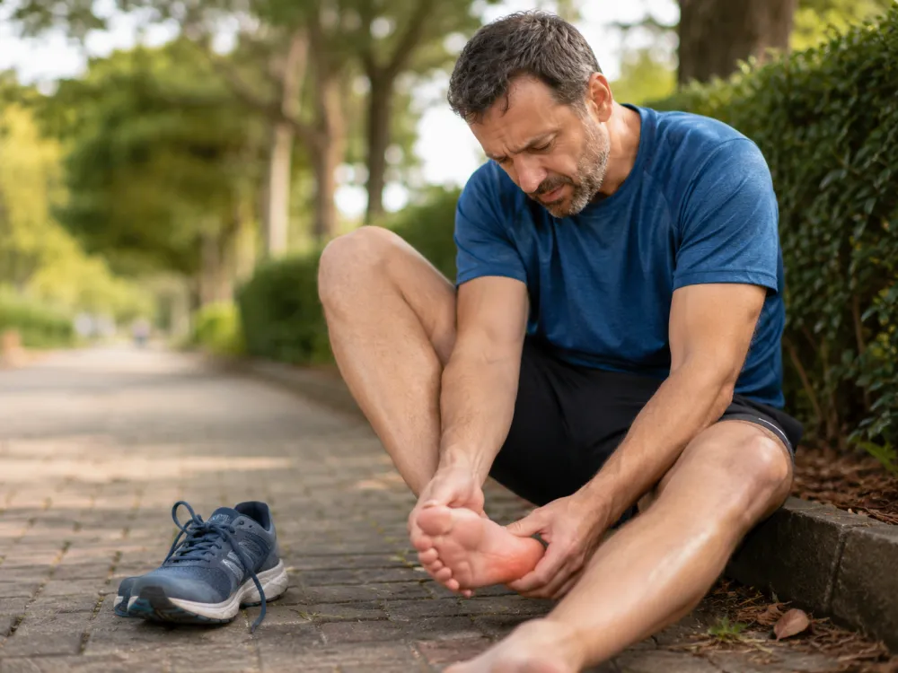 Man sitting outdoors holding painful foot
