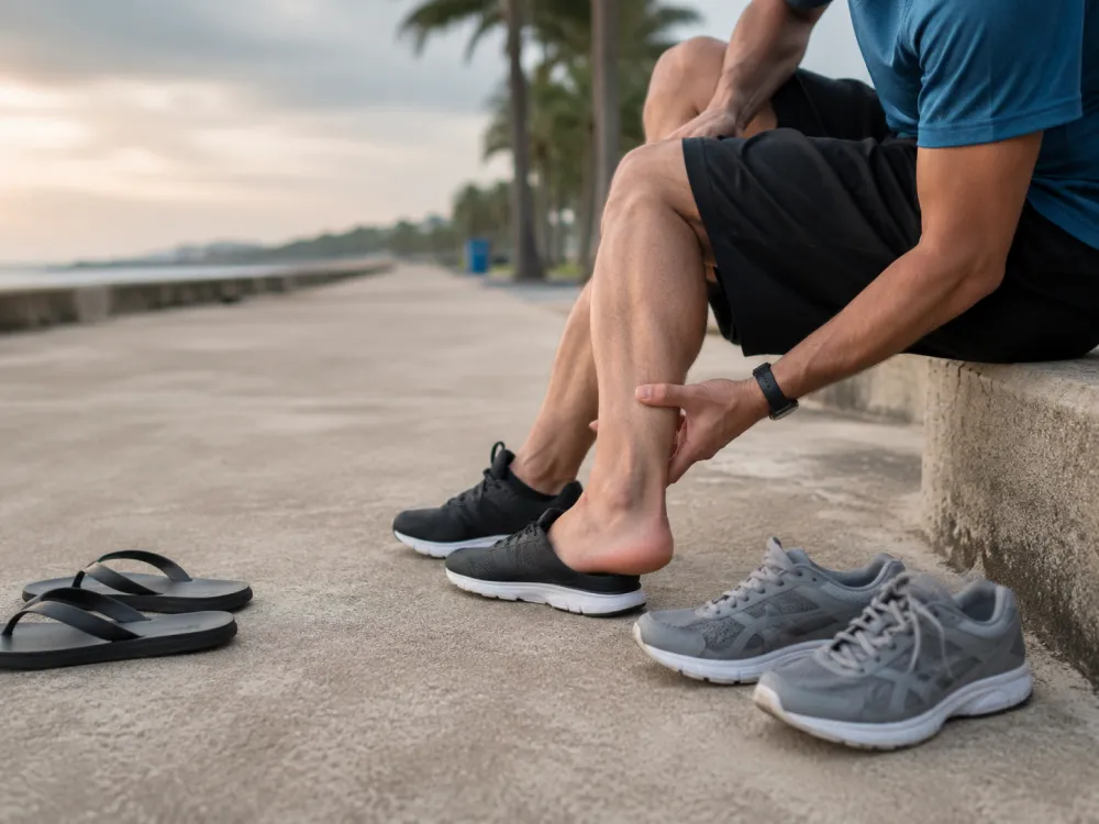 Man touching sore heel after walking outdoors