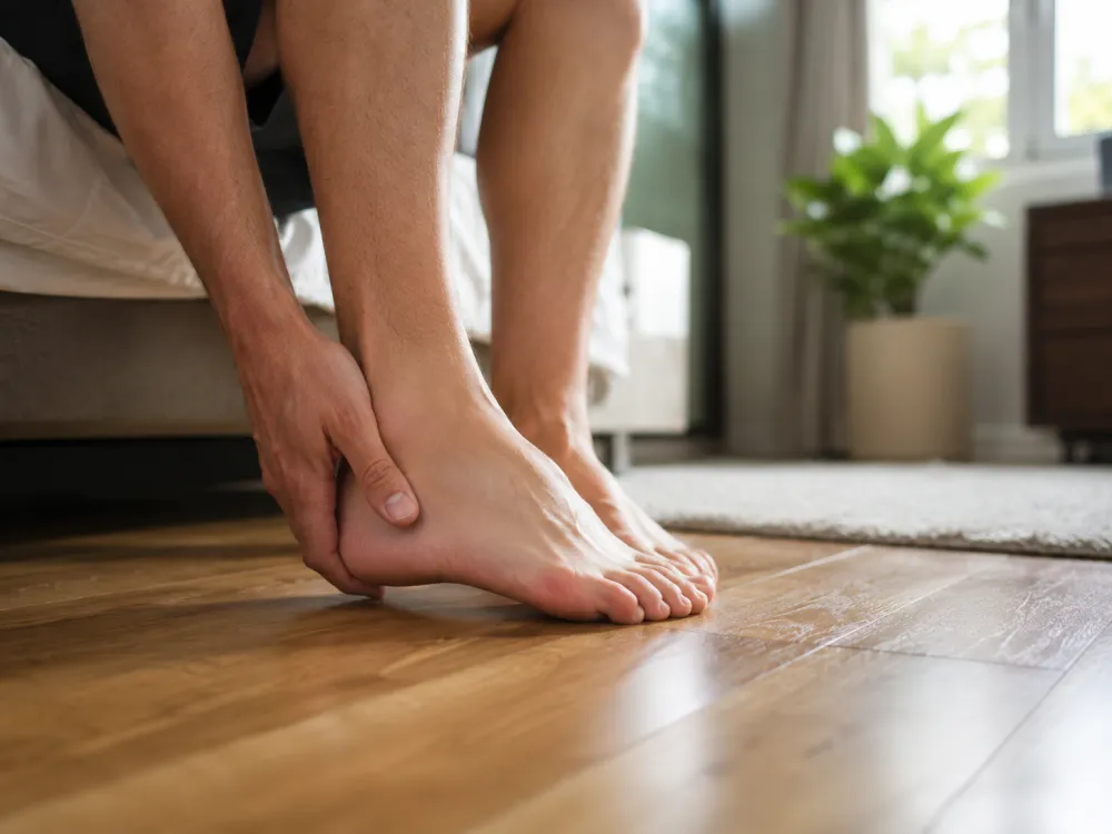 Person holding heel showing plantar fasciitis pain