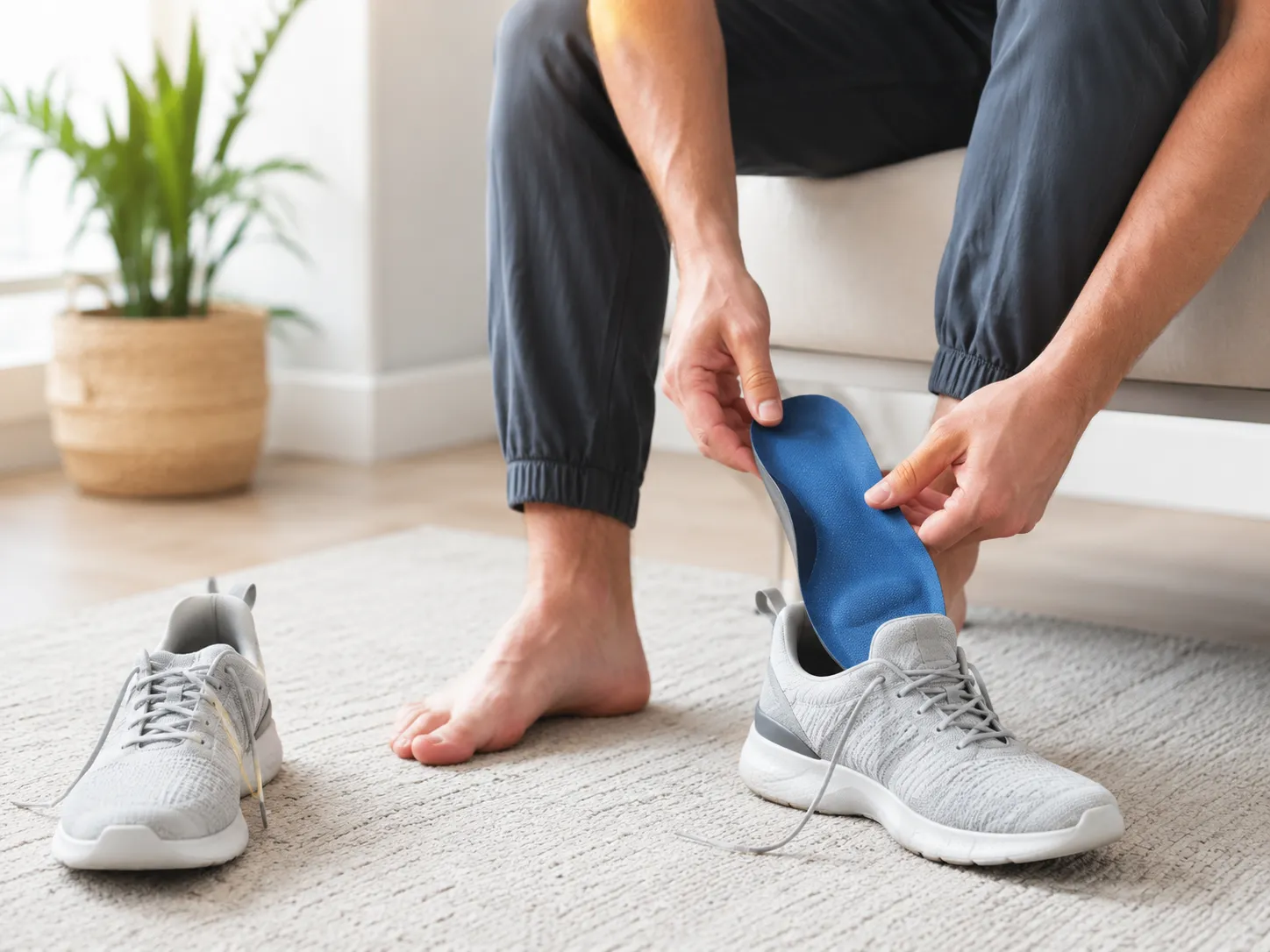 Person placing orthotic insert inside supportive shoe