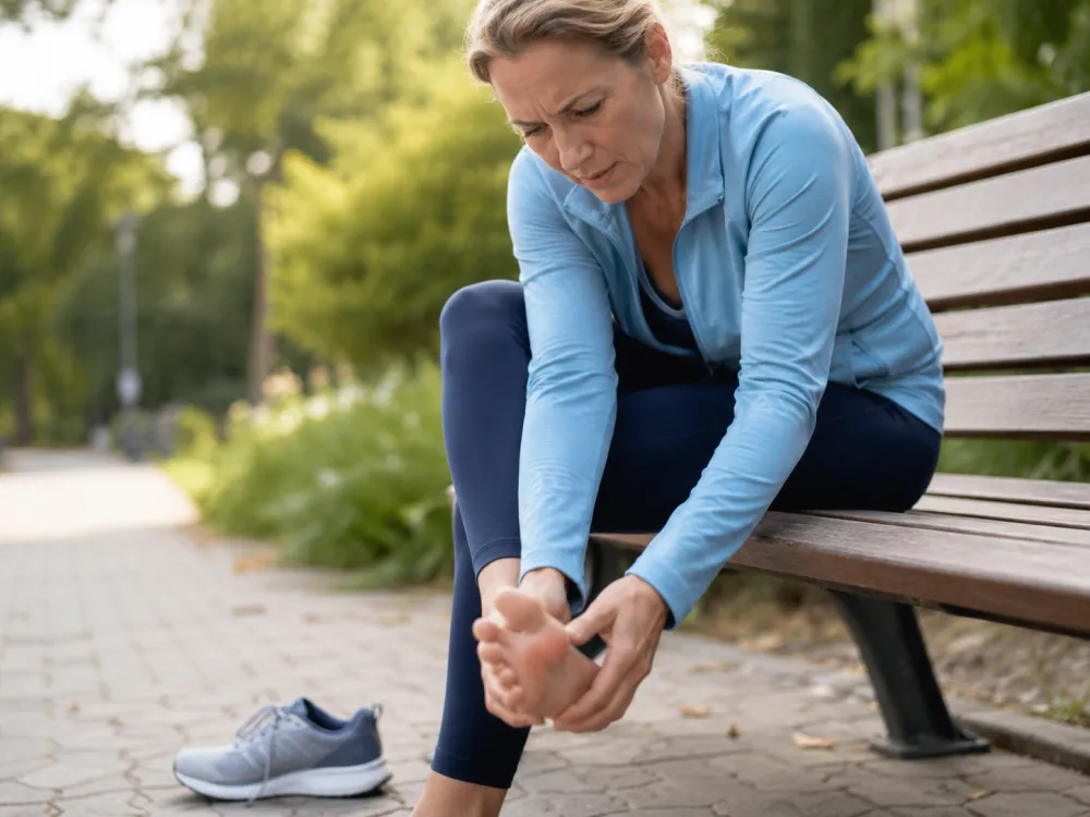 Woman holding painful foot while resting outdoors