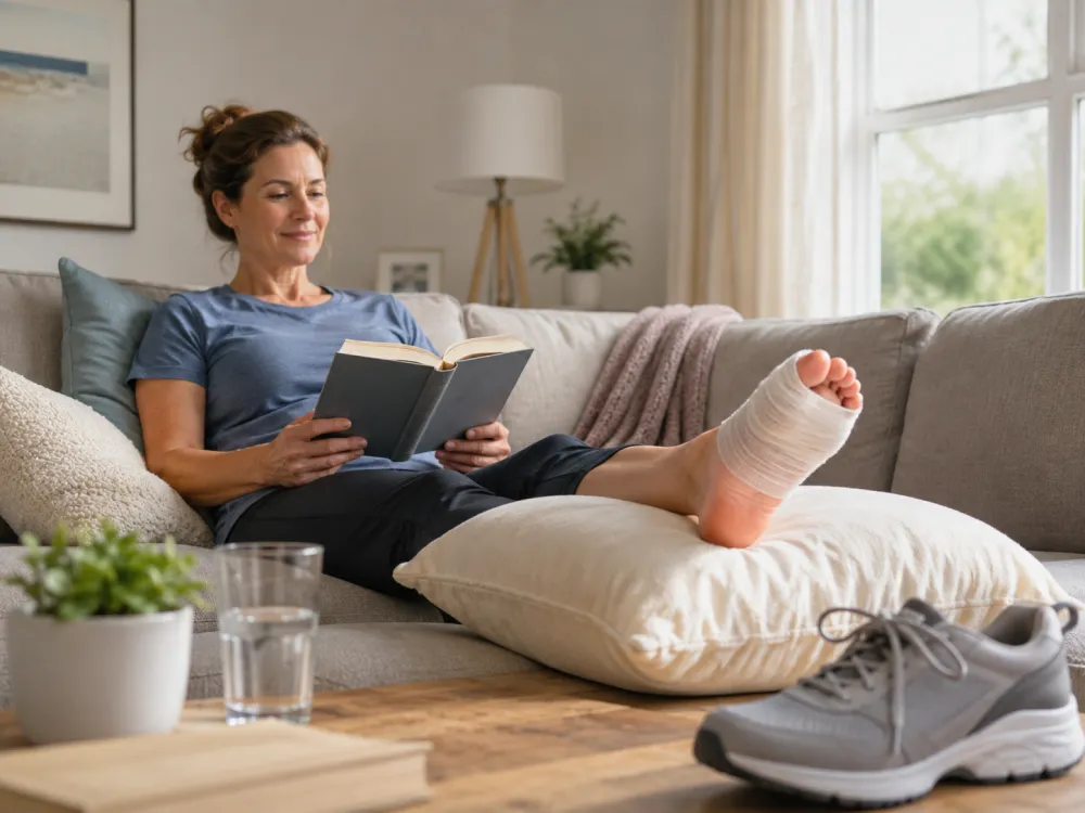 Woman resting with bandaged foot during bunion recovery