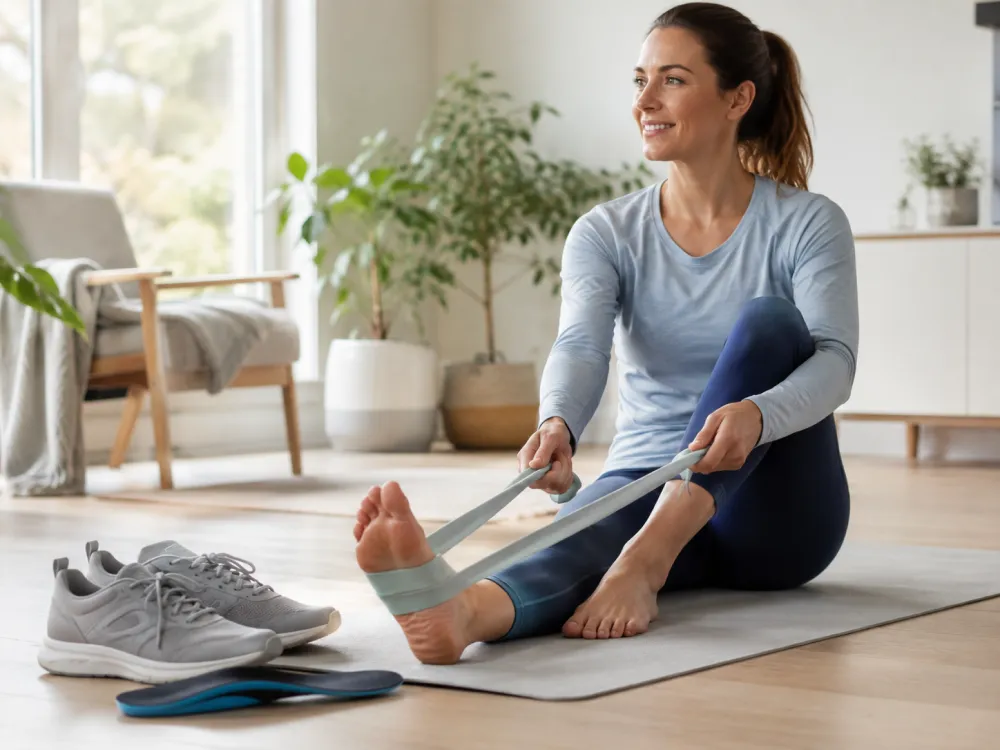 Woman stretching foot at home during recovery