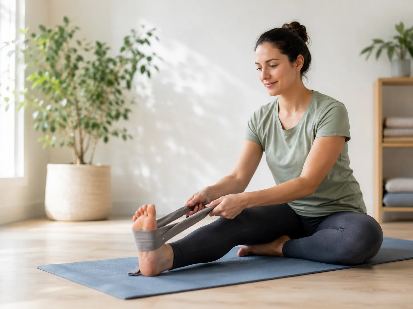 Woman stretching foot with resistance band indoors