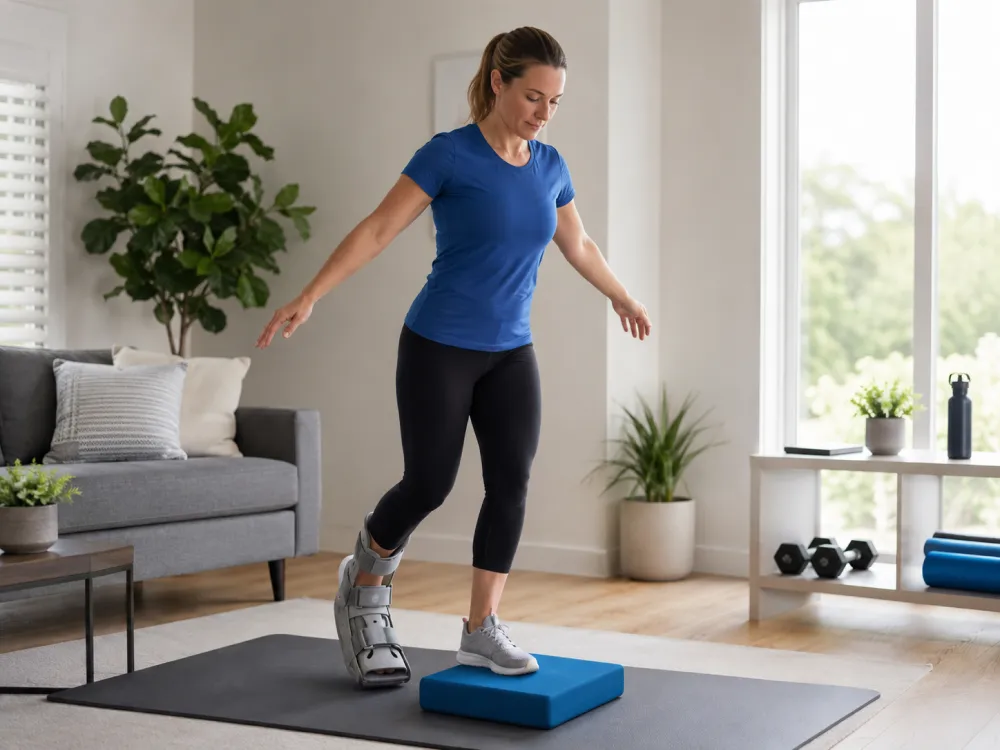 Woman practicing balance exercise during ankle recovery