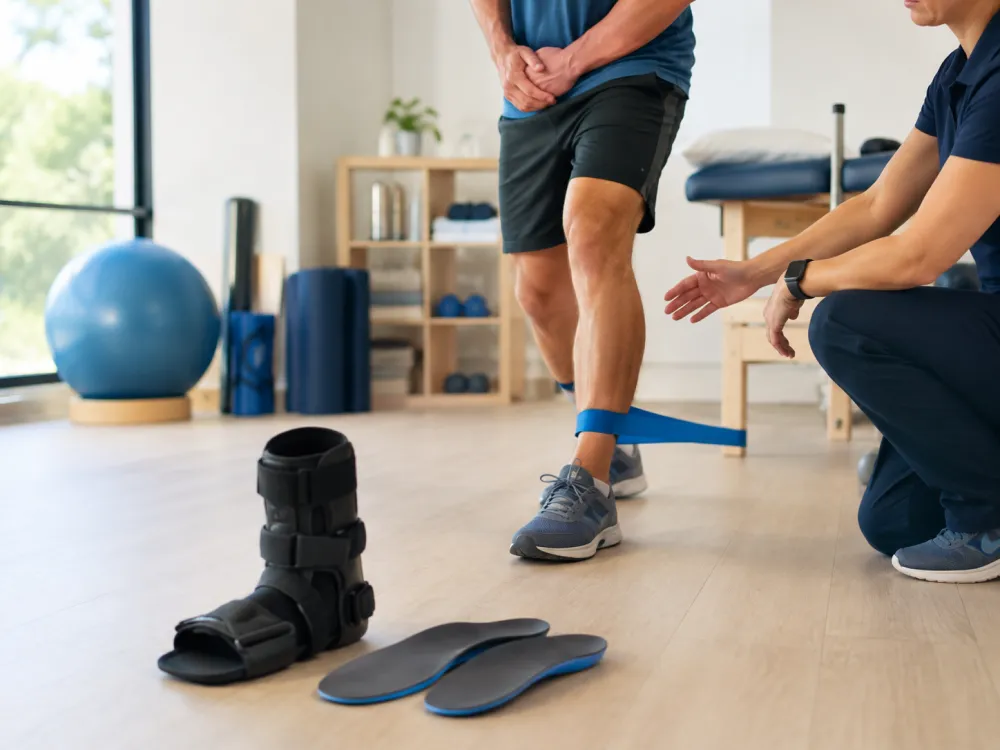 Patient performing ankle strengthening with resistance band