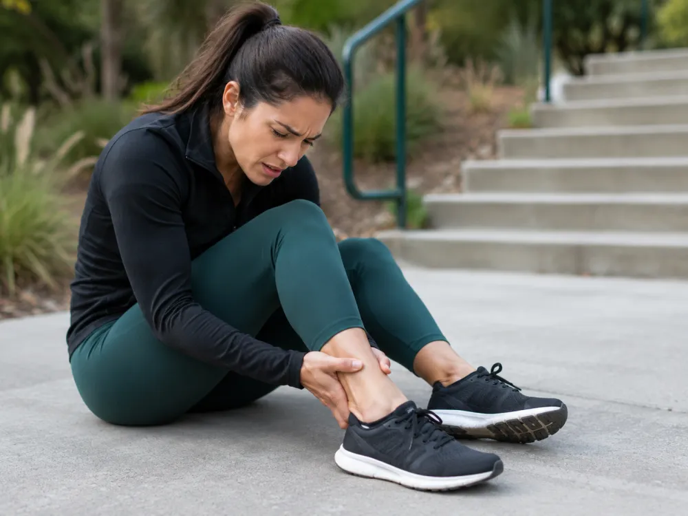 Woman holding painful ankle after repeated sprain