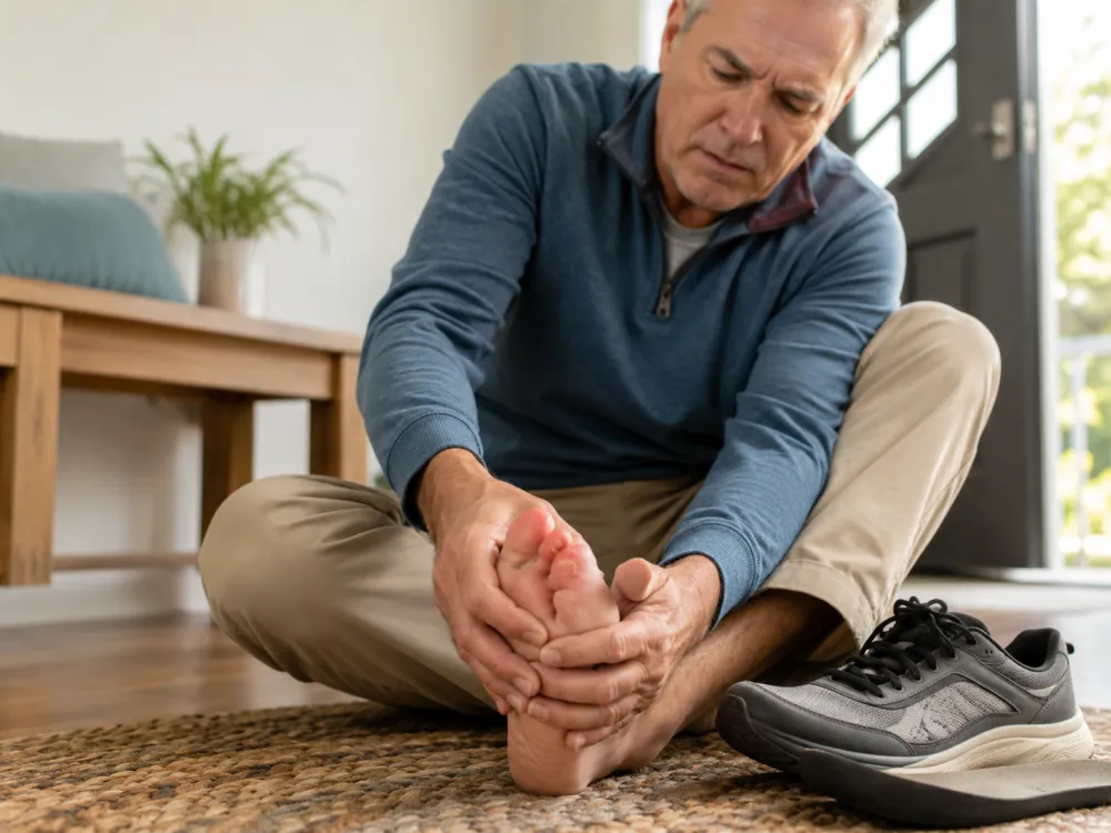 Man checking painful toe before seeing podiatrist